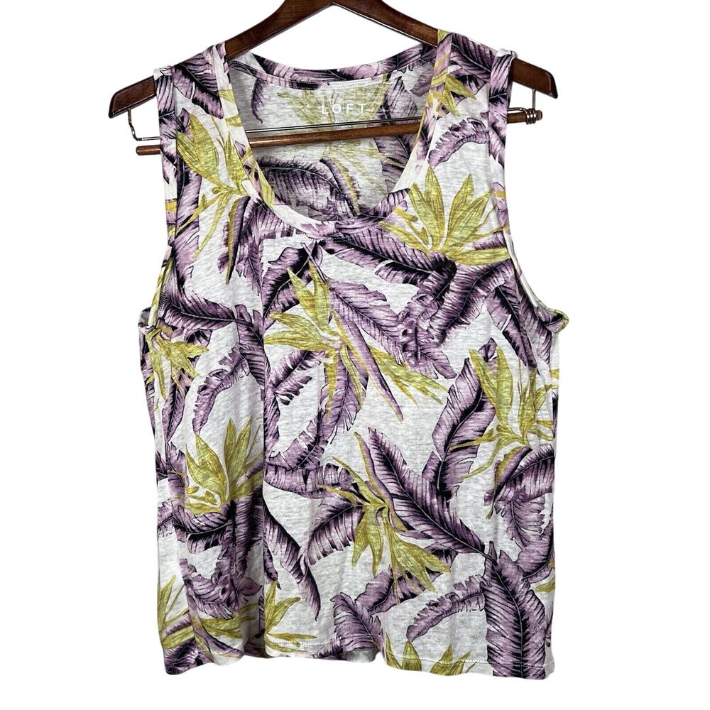 LOFT Women's Sleeveless Linen Tank Top Tropical Leaf Print Size L Multicolor